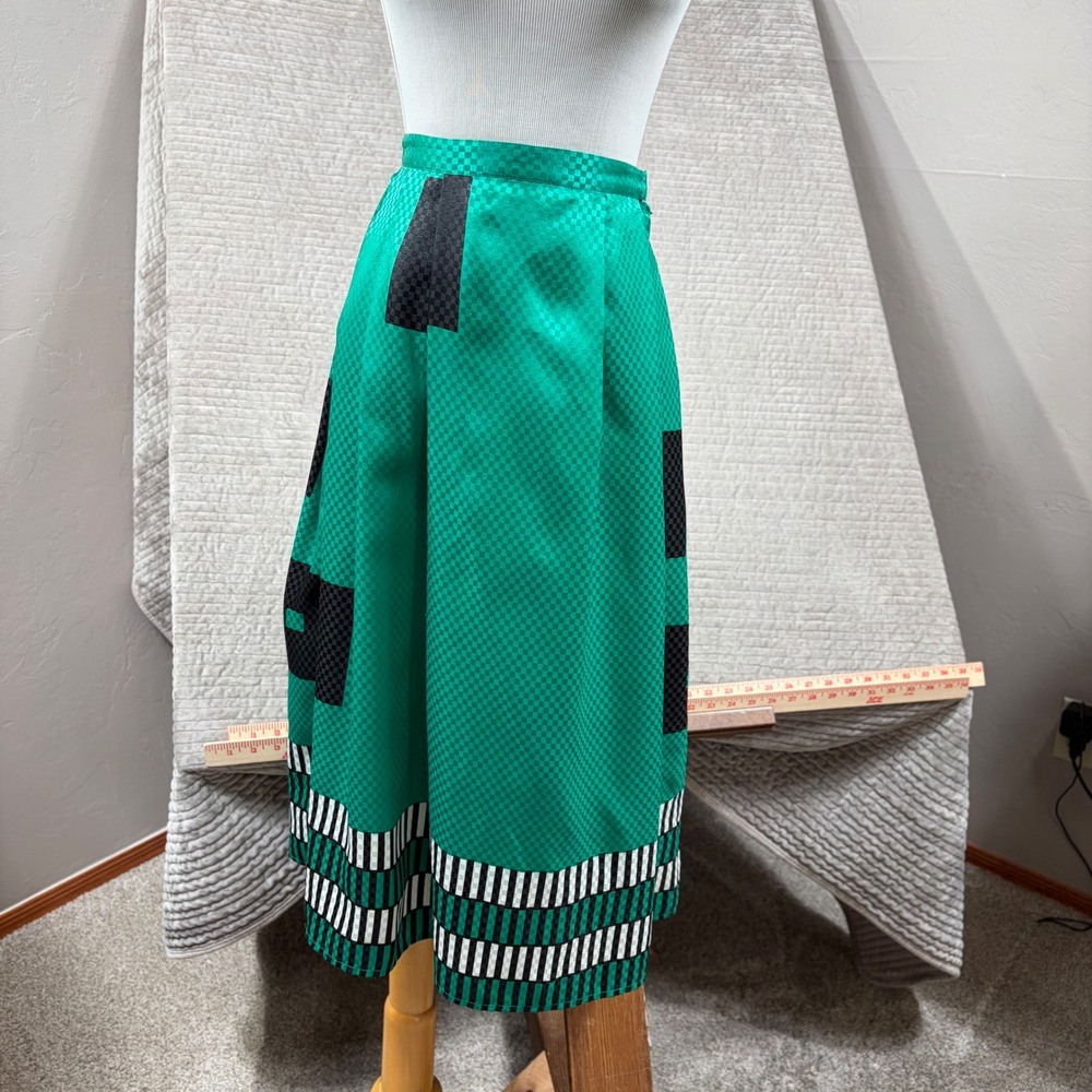 Vintage Emerald Green Geometric Satin Midi Skirt High Waist Pleated Size 6